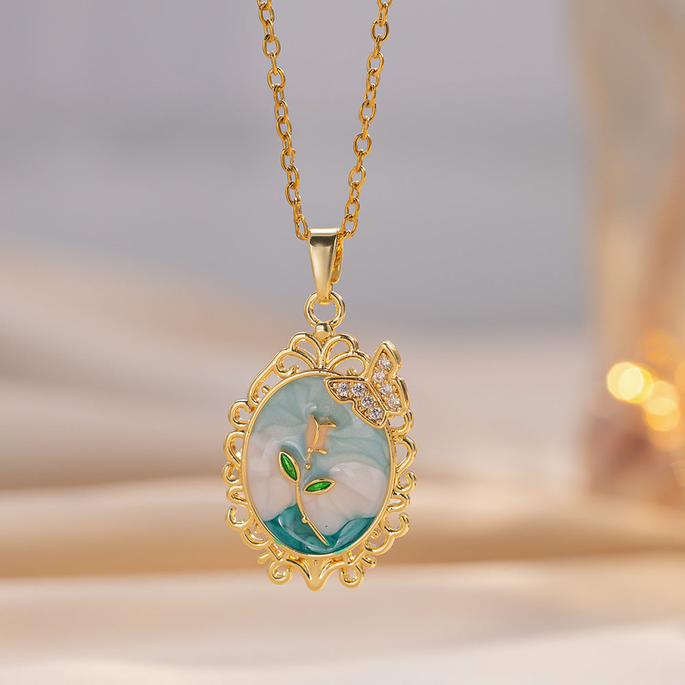 Rose Oval Lace Butterfly Clavicle Necklace